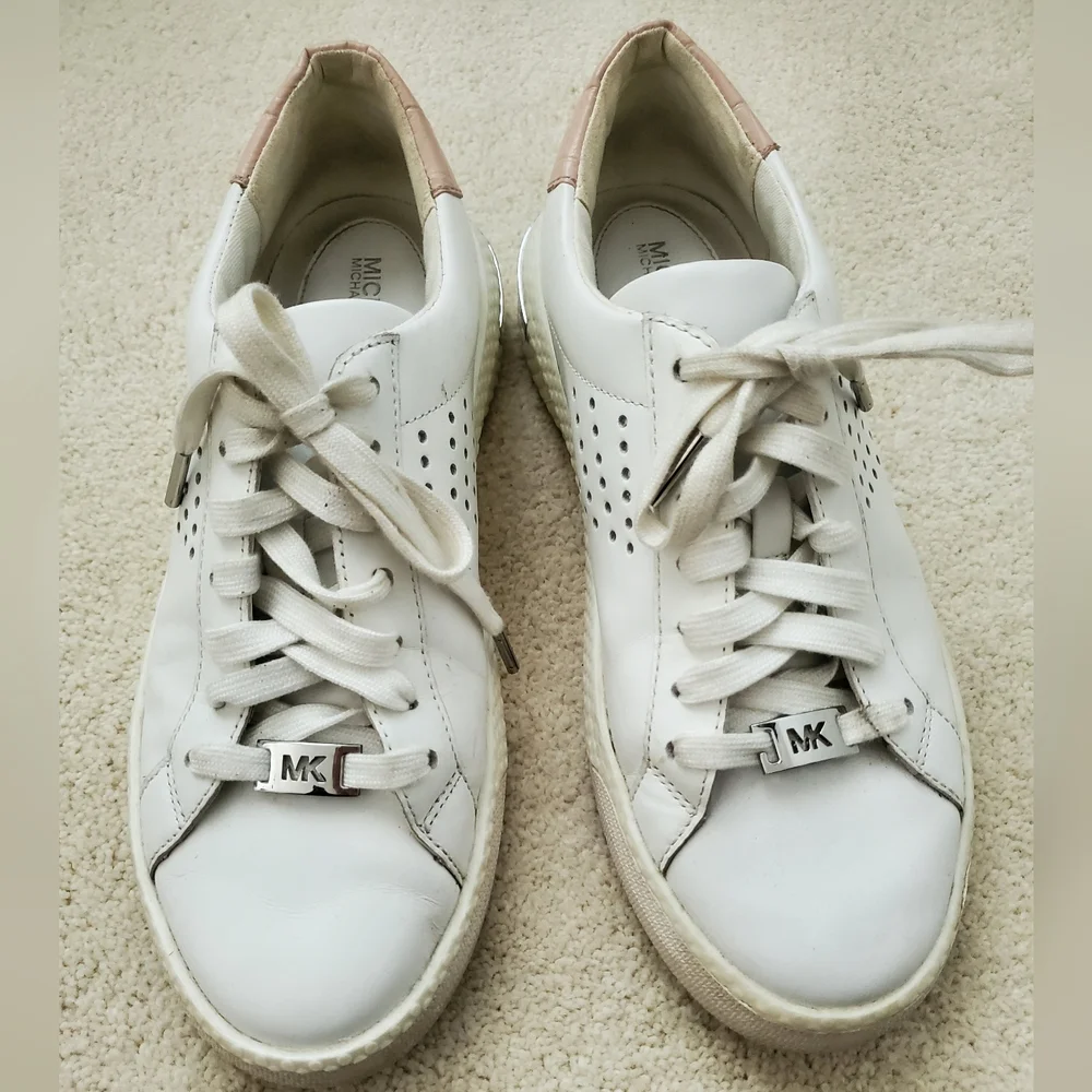 Michael Kors Codie Lace Up Optic White Leather Sneakers with Croc Accent sz8